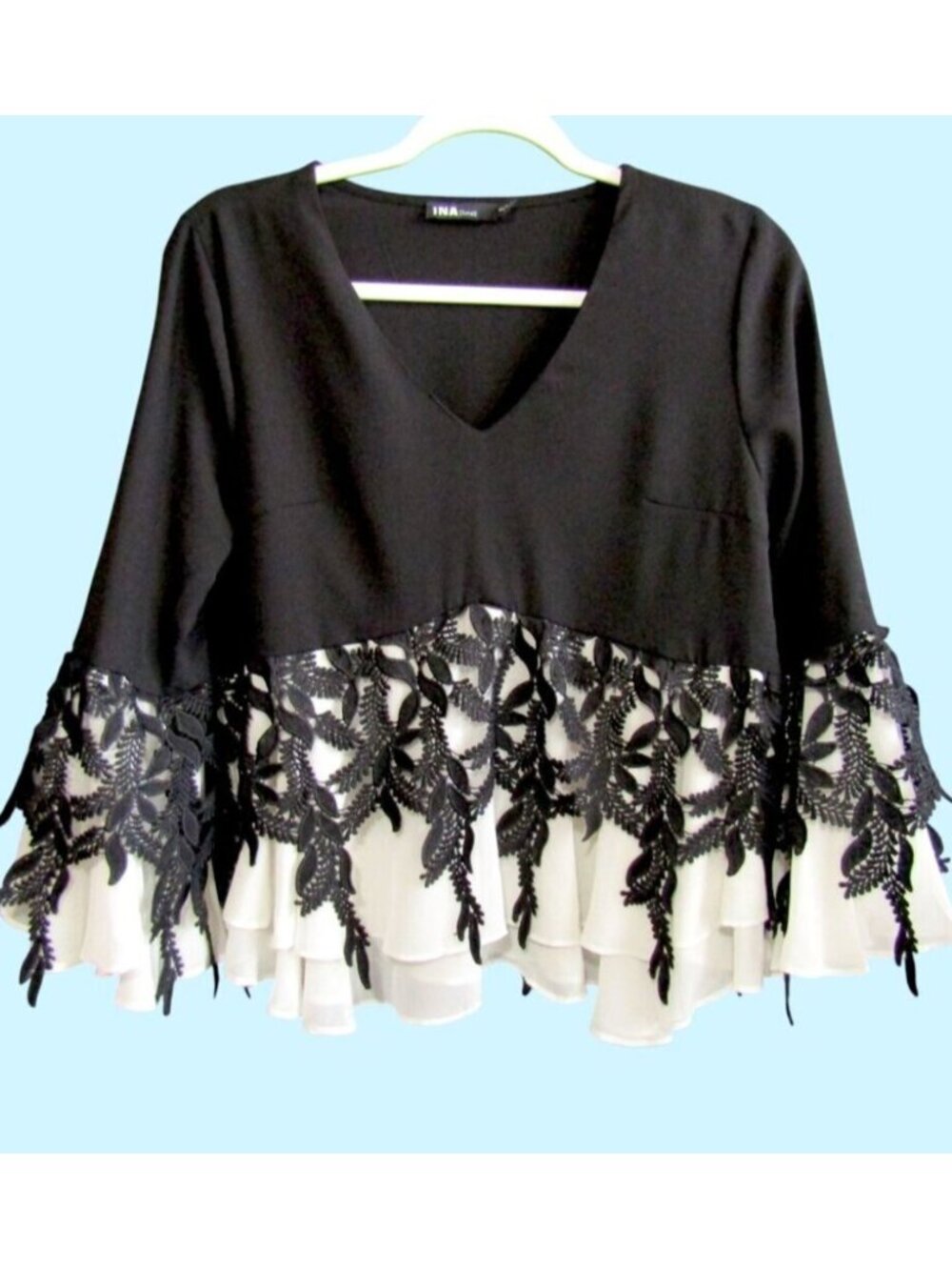 Ina Black White Lace Ruffle Hem Top Womens Size S Bell Sleeve Boho Flowy Fairy